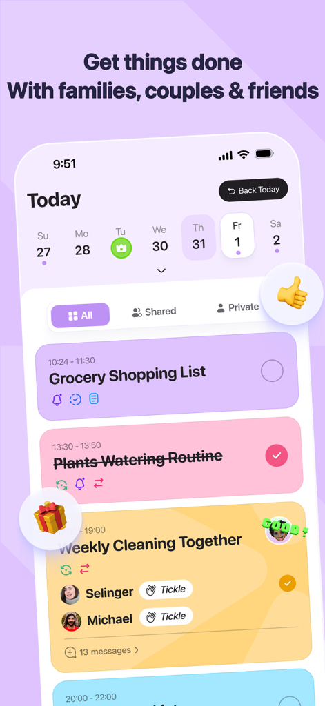 DuoDo app screen showing shared tasks for couples and friends with a colorful interface