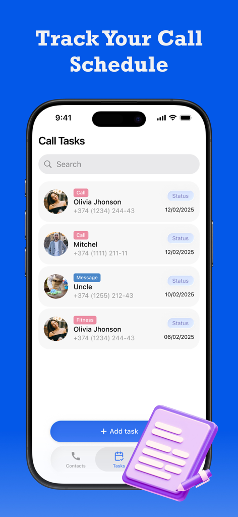 Call ID Plus - Interfaz de una aplicación móvil que muestra una lista programada de tareas de llamadas y mensajes con detalles de contacto