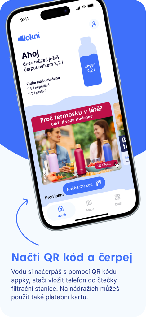 Lokni - Lokniモバイルアプリのインターフェース。毎日の水分摂取量の追跡と、水の分配のためにQRコードをスキャンするボタンが表示されています。