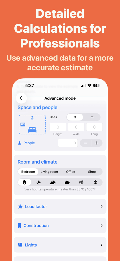 AC Calculator Lite - Tela do modo avançado do aplicativo AC Calculator Lite para cálculos detalhados de dimensionamento de HVAC com dimensões do cômodo e opções climáticas.