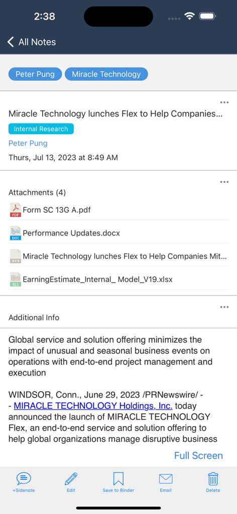 Detailed mobile view of an investment research note in Tamale RMS showing Miracle Technology info and document attachments