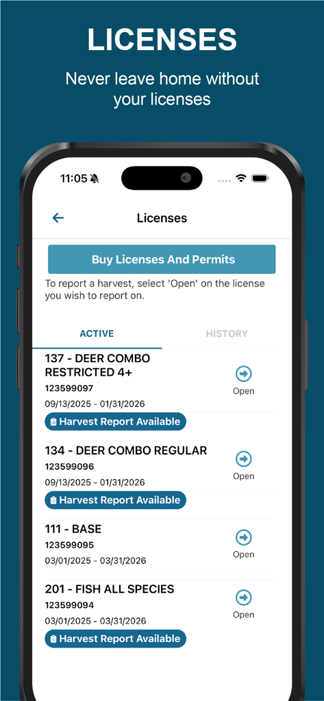 Michigan DNR Hunt Fish - Michigan DNR Hunt Fish app license management screen showing active hunting and fishing permits