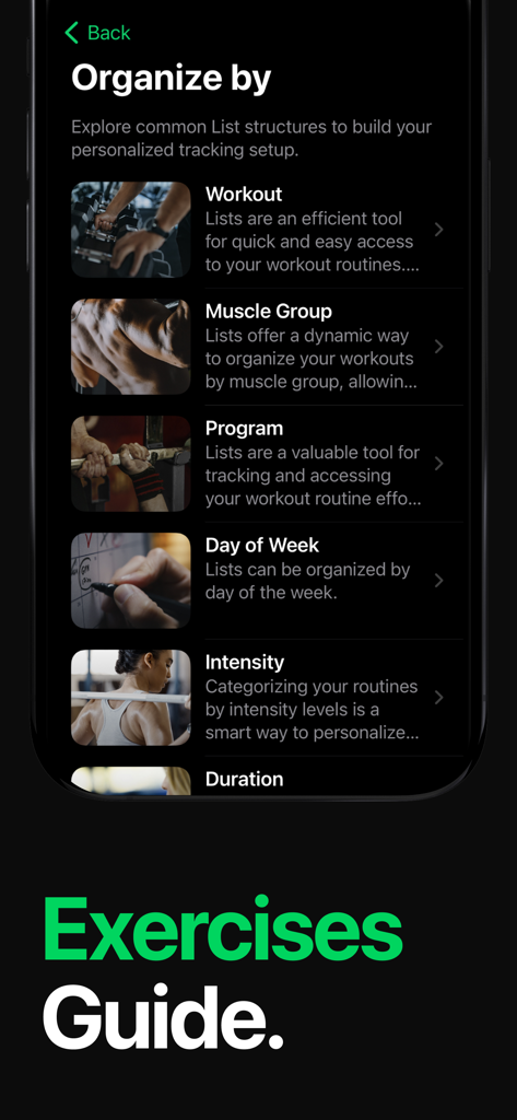 Setgraph app interface showing exercise organization options like muscle group and intensity.