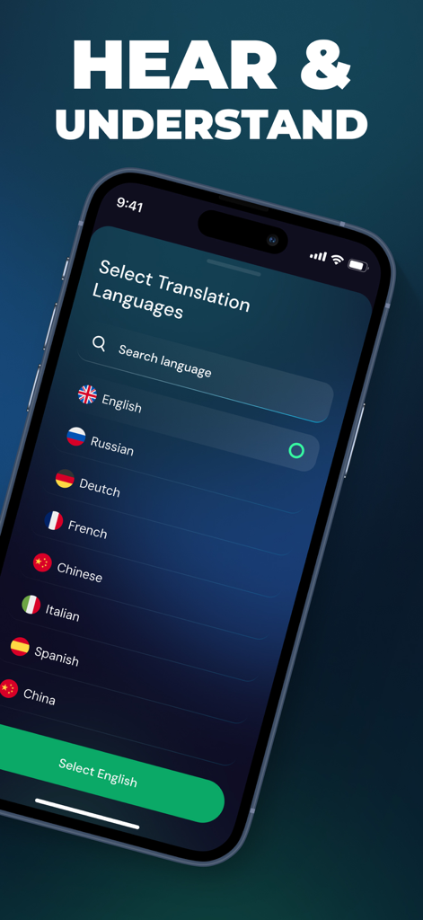 Interface of Air Translate app showing a list of languages to choose for real-time translation.