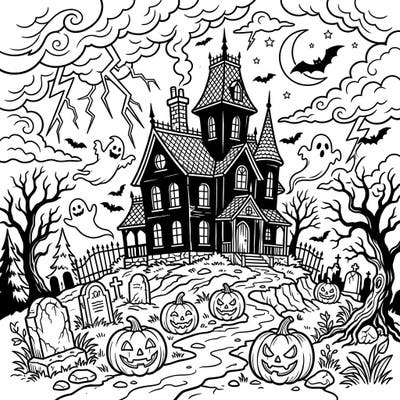 Get ready for a thrilling Halloween night with this intricate coloring page featuring a haunted house under a rumbling thunder sky. Fill the scene with eerie colors, from spooky ghosts to grinning jack-o'-lanterns, for a frightfully fun experience.