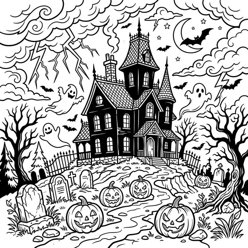 Get ready for a thrilling Halloween night with this intricate coloring page featuring a haunted house under a rumbling thunder sky. Fill the scene with eerie colors, from spooky ghosts to grinning jack-o'-lanterns, for a frightfully fun experience.