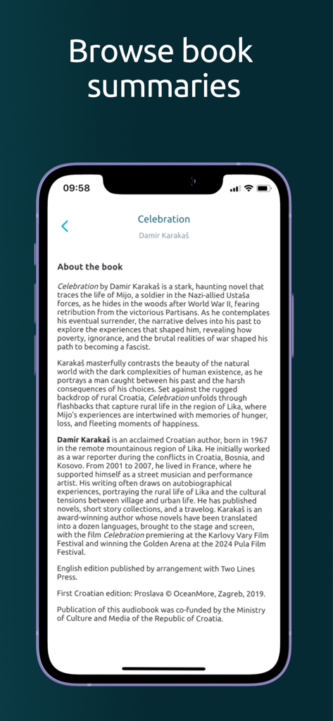 A screenshot of the book and zvook app showing a detailed summary of the audiobook Celebration by Damir Karakas.