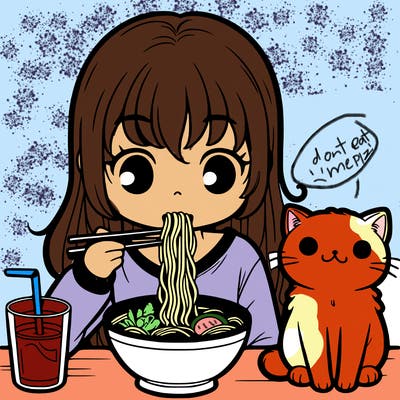 a girl eating ramen with a cat