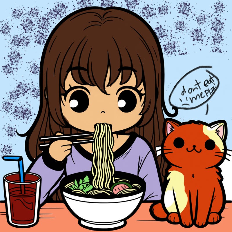 a girl eating ramen with a cat