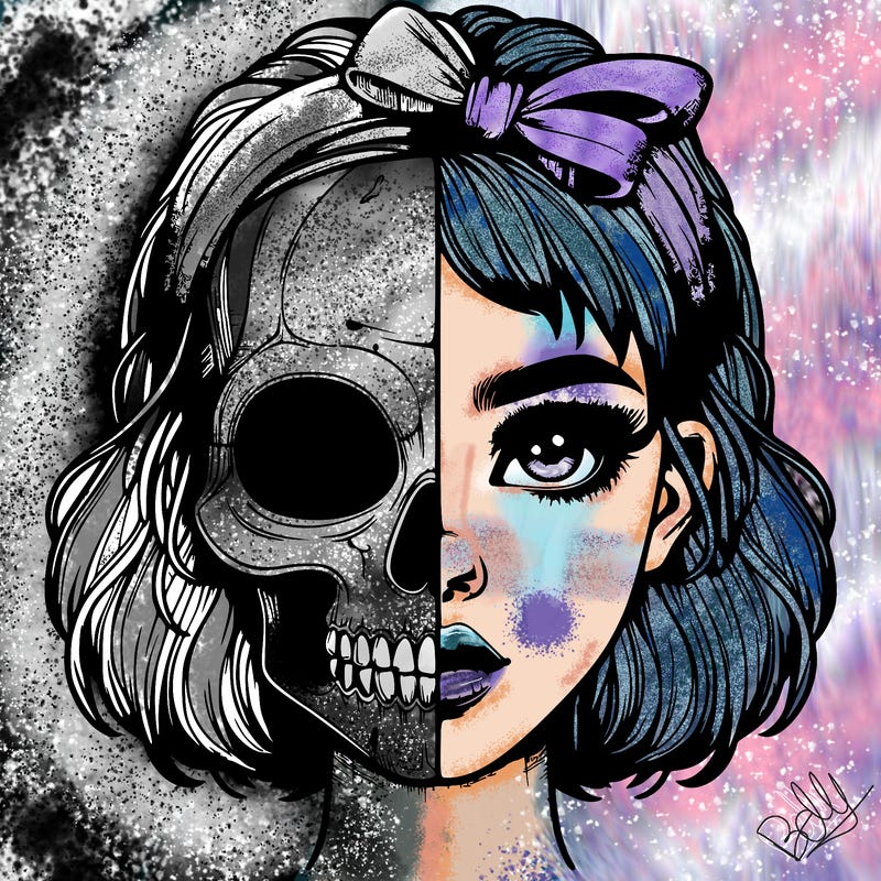 realistic girl with half skull mask