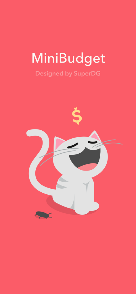 Minibudget Pro - Splash screen of Minibudget Pro finance app featuring a cheerful white cat mascot and a gold dollar sign on a red background