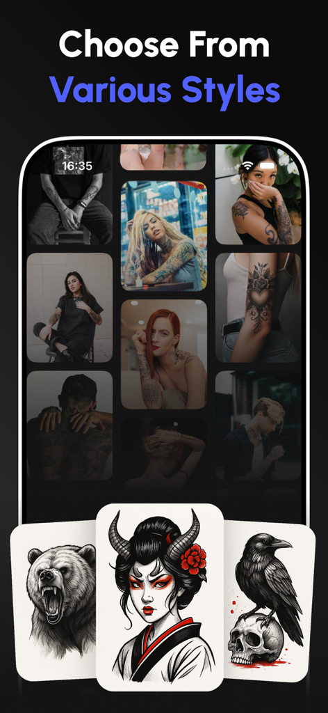AI Tattoo Design - AI Ink - Interfaz de aplicación móvil mostrando una galería de estilos de tatuajes y diseños de personajes artísticos.
