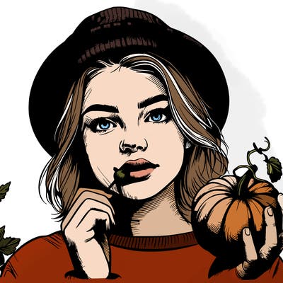realistic teen girl with a pumpkin hat and is eating a miniature pumpkin