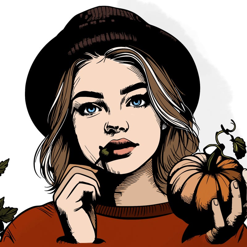 realistic teen girl with a pumpkin hat and is eating a miniature pumpkin