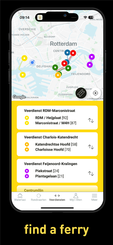 Watertaxi Rotterdam - Map view of ferry services and stops in the Watertaxi Rotterdam mobile app interface