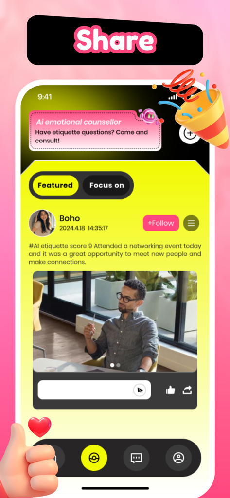 Adult Share & Chat - Vinta - Interface of the Vinta app showing a social feed with a post about a networking event and an AI etiquette score.