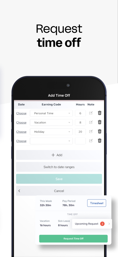 Buddy Punch - Buddy Punch mobile app interface for requesting time off and tracking PTO hours.