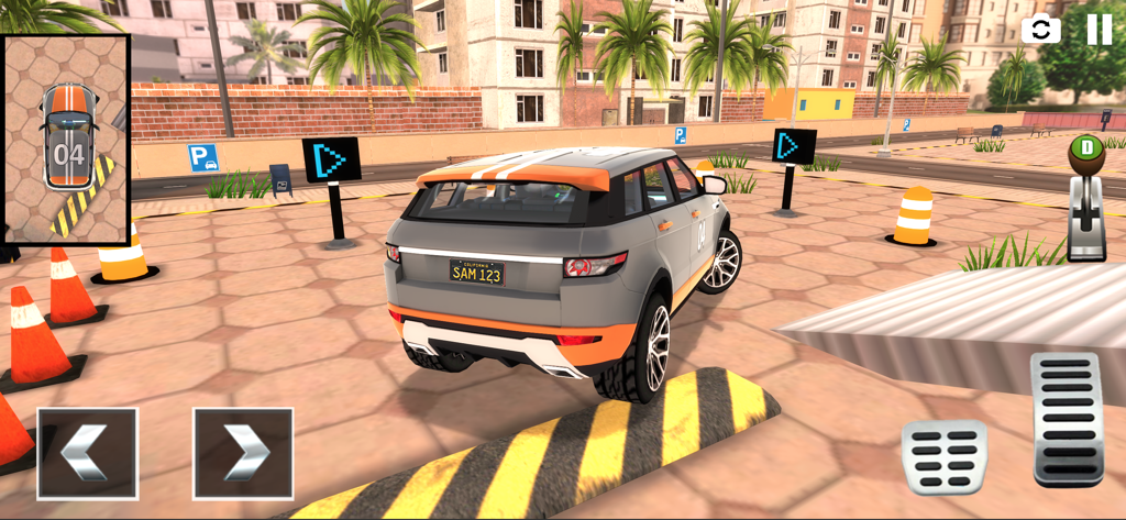 A grey SUV navigating a parking training course with traffic cones and directional signs in a driving simulator game.