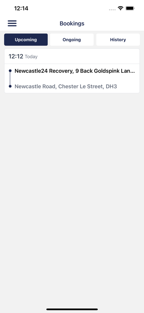 Blueline Taxis - A mobile interface of the Blueline Taxis app showing the upcoming bookings screen with a scheduled ride from Newcastle to Chester Le Street.