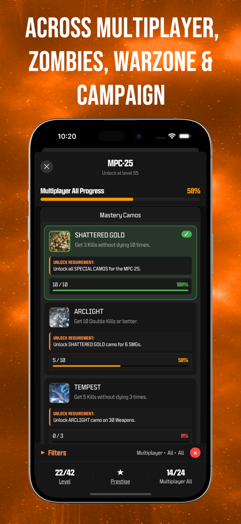 BO7 - Camo Tracker - Screenshot of the BO7 Camo Tracker app showing multiplayer mastery camo progress for the MPC-25 weapon
