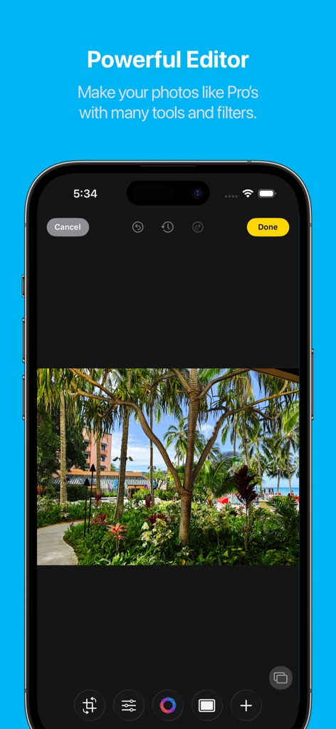 HashPhotos - HashPhotos app screenshot showing the powerful photo editor interface with professional tools and a tropical landscape photo