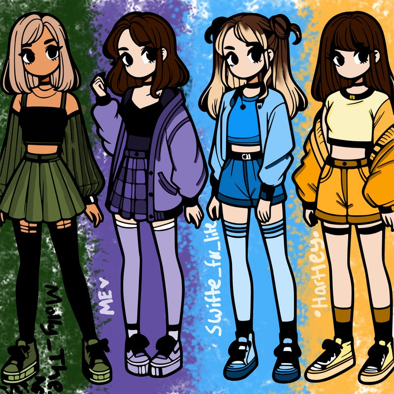 one girl with crop-top shirt and a jacket with a skirt, long socks and another girl with a shirt and pants with a jacket