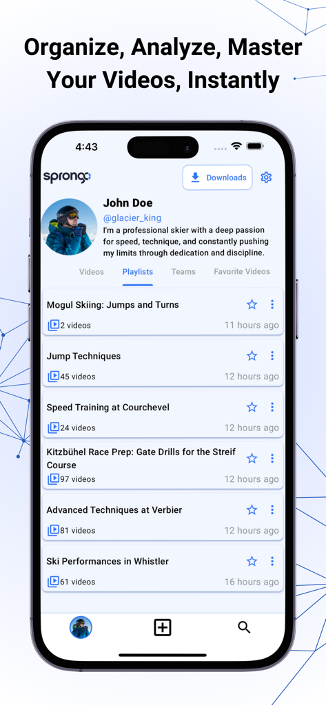 Sprongo - Sprongo app user profile showing organized sports training video playlists for professional skiing