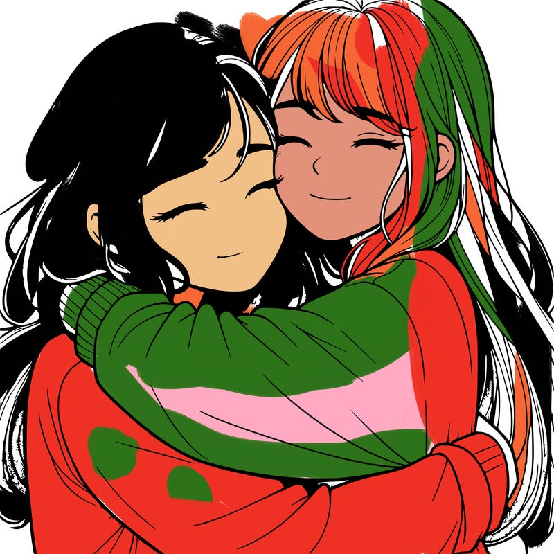 realistic two girls hugging
