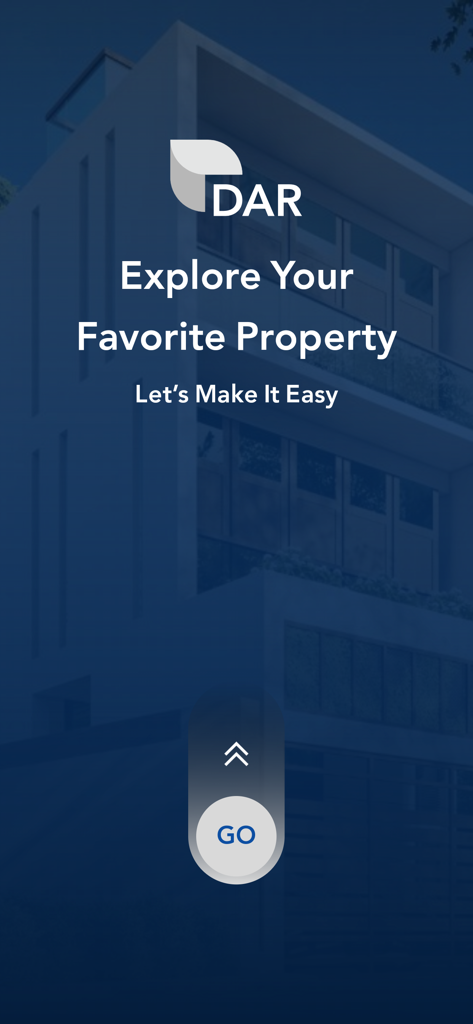 Dar | دار - Pantalla de bienvenida de la aplicación inmobiliaria Dar con un fondo de edificio moderno y texto para explorar propiedades en Egipto