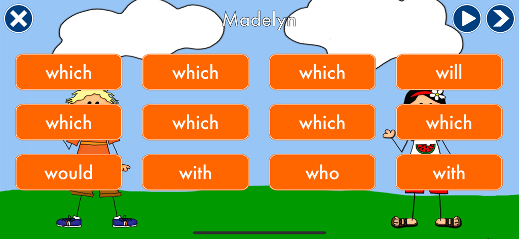 Fun Sight Words - A educational game screen from Fun Sight Words showing multiple orange buttons with different Fry sight words for identification