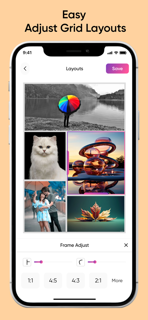 AI Collage Maker: Auto Collage - Pantalla de smartphone mostrando la interfaz de la aplicación AI Collage Maker con un diseño de cuadrícula personalizado y herramientas de ajuste de marco.