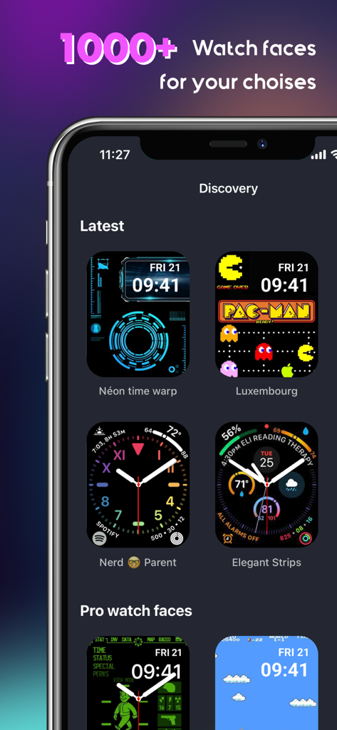 iWatch Gallery 앱 검색 화면 내에서 다양한 사용자 지정 Apple Watch 페이스 디자인을 표시하는 스마트폰.