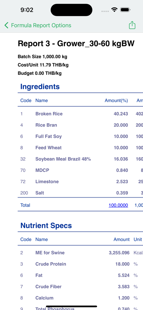 Feed Pro - A detailed feed formulation report for growing swine in the Feed Pro app showing ingredients and nutrient specifications.