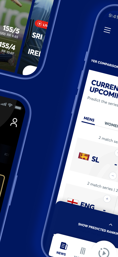 The interface of the ICC Official mobile app showing cricket match schedules and team rankings.