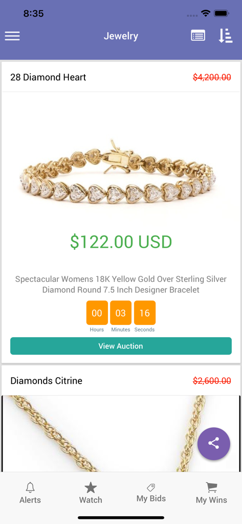Bildschirm der Polizei-Auktionen-App mit einer Auktion für ein Diamant-Herzarmband mit einem niedrigen Startgebot und verbleibender Zeit.