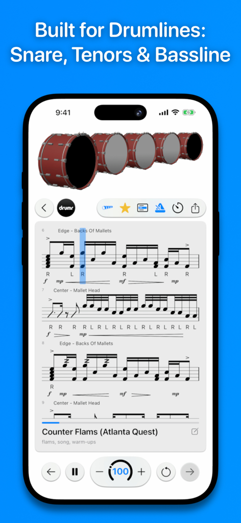 Drumr - Learn & Practice Drums - A smartphone display showing the Drumr app with marching bass drum notation and a real-time scrolling practice cursor.