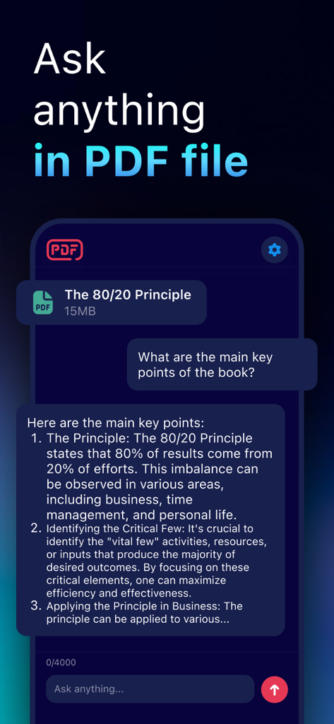 ChatPDF: Summarize & Ask PDF - Eine mobile Benutzeroberfläche von ChatPDF, die eine Chat-Konversation zeigt, die ein PDF-Dokument über das 80/20-Prinzip zusammenfasst.