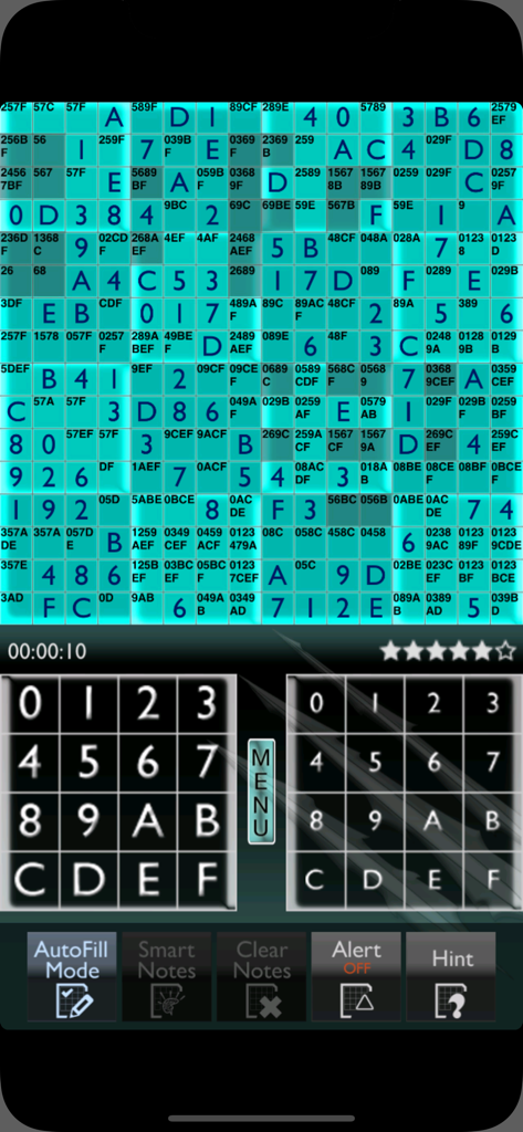 Una gran cuadrícula de Sudoku de 16x16 de color verde azulado con números y letras en una pantalla móvil