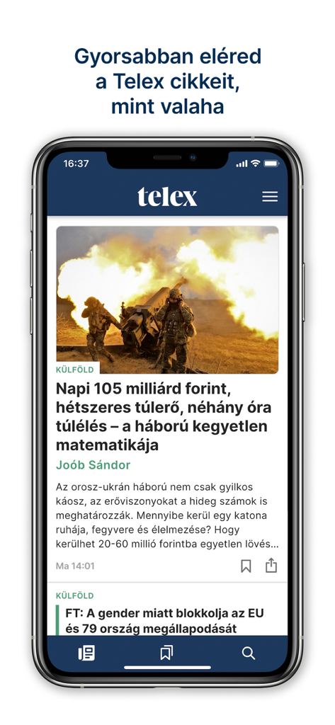 Telex news app on a smartphone showing a Hungarian article about world news