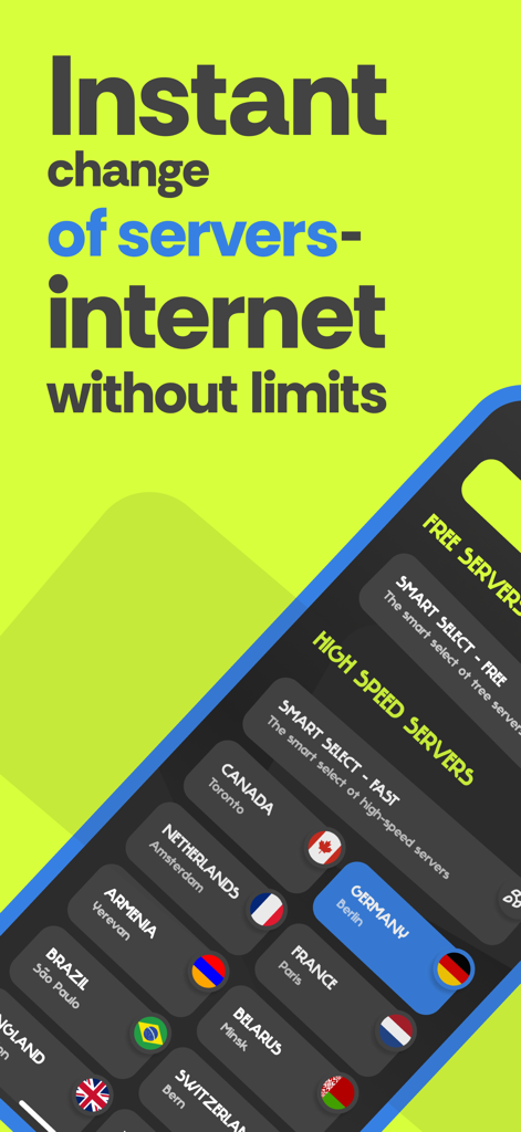 CPunk VPN app interface showing a list of global high speed servers with a neon cyberpunk theme