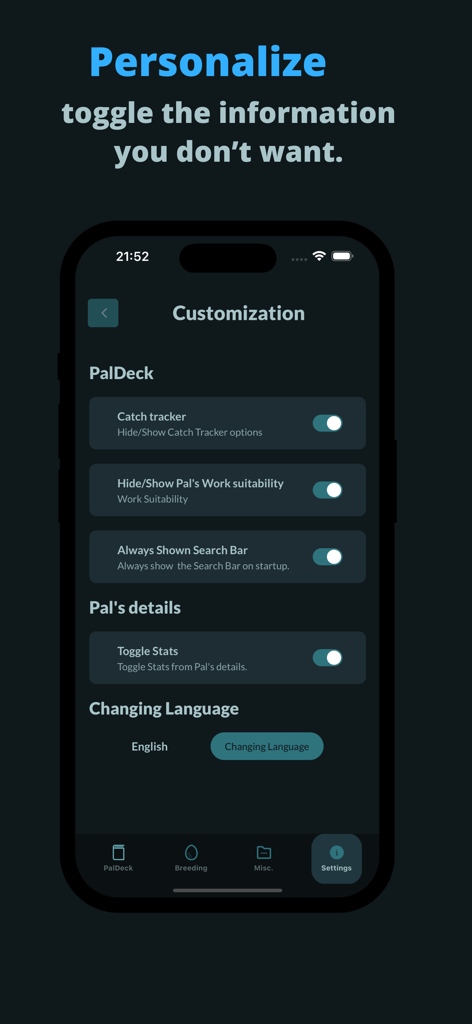 Paltopia: Pal tools & Map - A smartphone display showing the customization settings in the Paltopia app with toggles for PalDeck catch trackers and work suitability information.