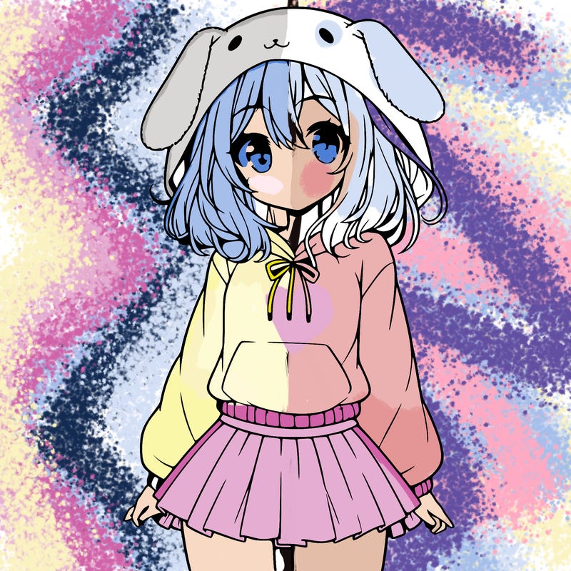pretty anime girl wearing a fluffy hoodie with bunny ears on the hood and a skirt