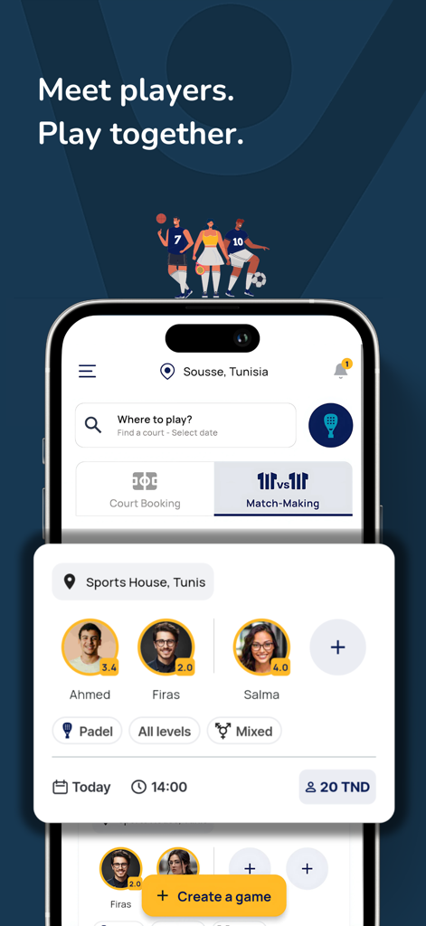 Vamos: Book, Play, Win - Vamos app interface showing sports matchmaking and player skill levels