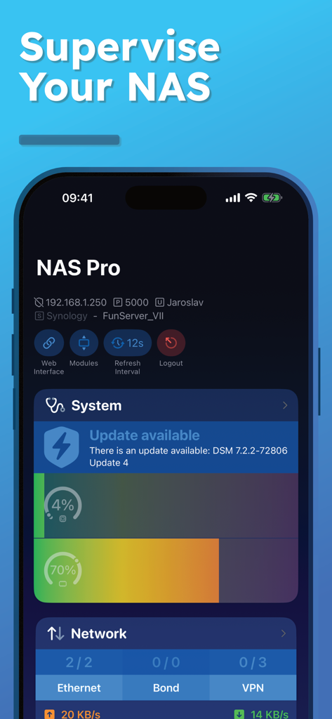 NAS Pro mobile app interface for supervising system health and network monitoring