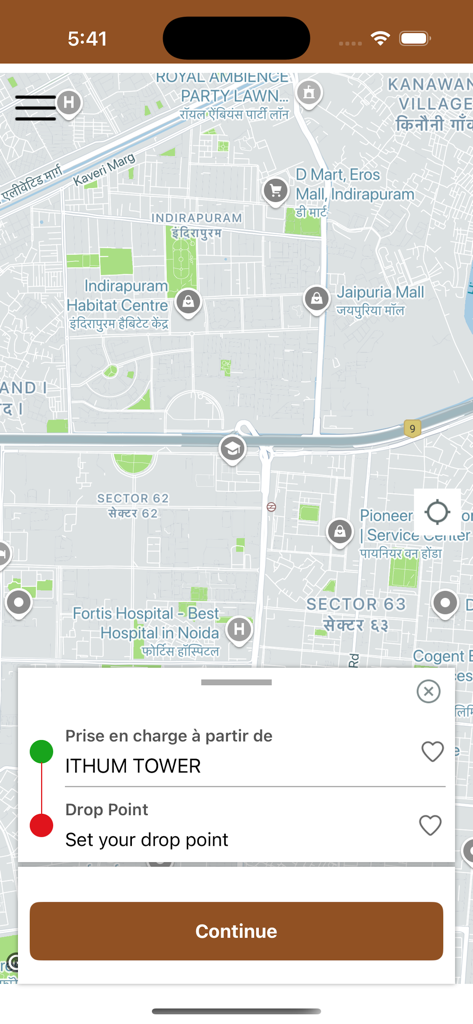 Panda User - Interfaccia mappa dell'app Panda User per prenotare un taxi e impostare una destinazione