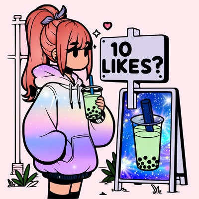 girl with oversized hoodie drinking boba and she has a high ponytail with a sign that says 10likes?