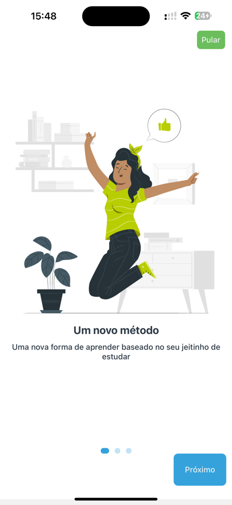 Ein Onboarding-Bildschirm für die Estuda.com-App mit einer Illustration eines glücklichen Studenten und dem Titel 'Eine neue Methode' auf Portugiesisch.