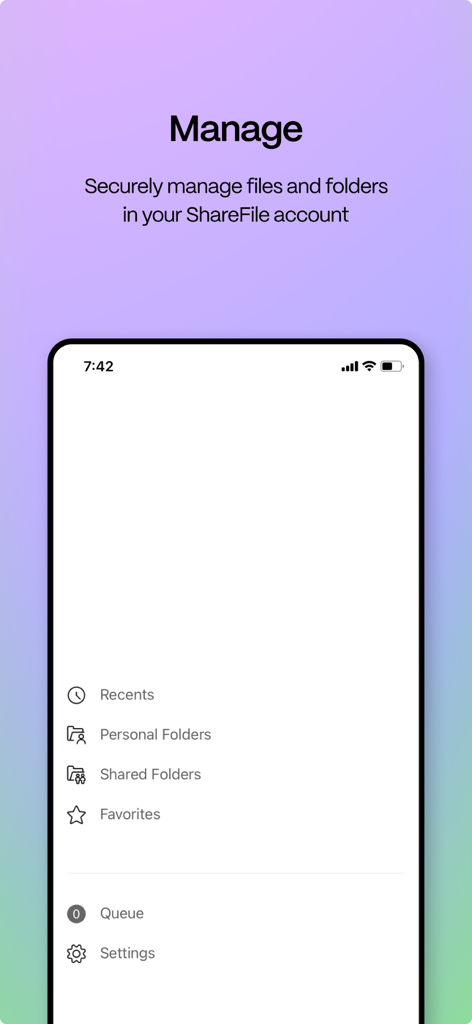 ShareFile-Mobil-App-Oberfläche mit Optionen zur sicheren Verwaltung von persönlichen und freigegebenen Ordnern.
