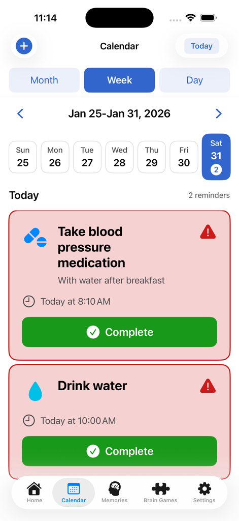 MemoryFy Inc - Interface du calendrier de l'application MemoryFy montrant les rappels de médicaments et d'hydratation pour les seniors