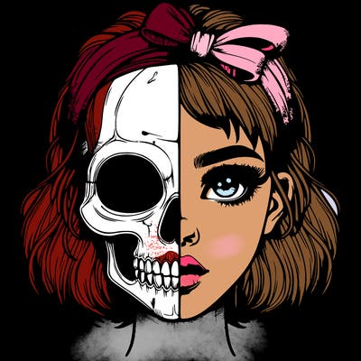 realistic girl with half skull mask